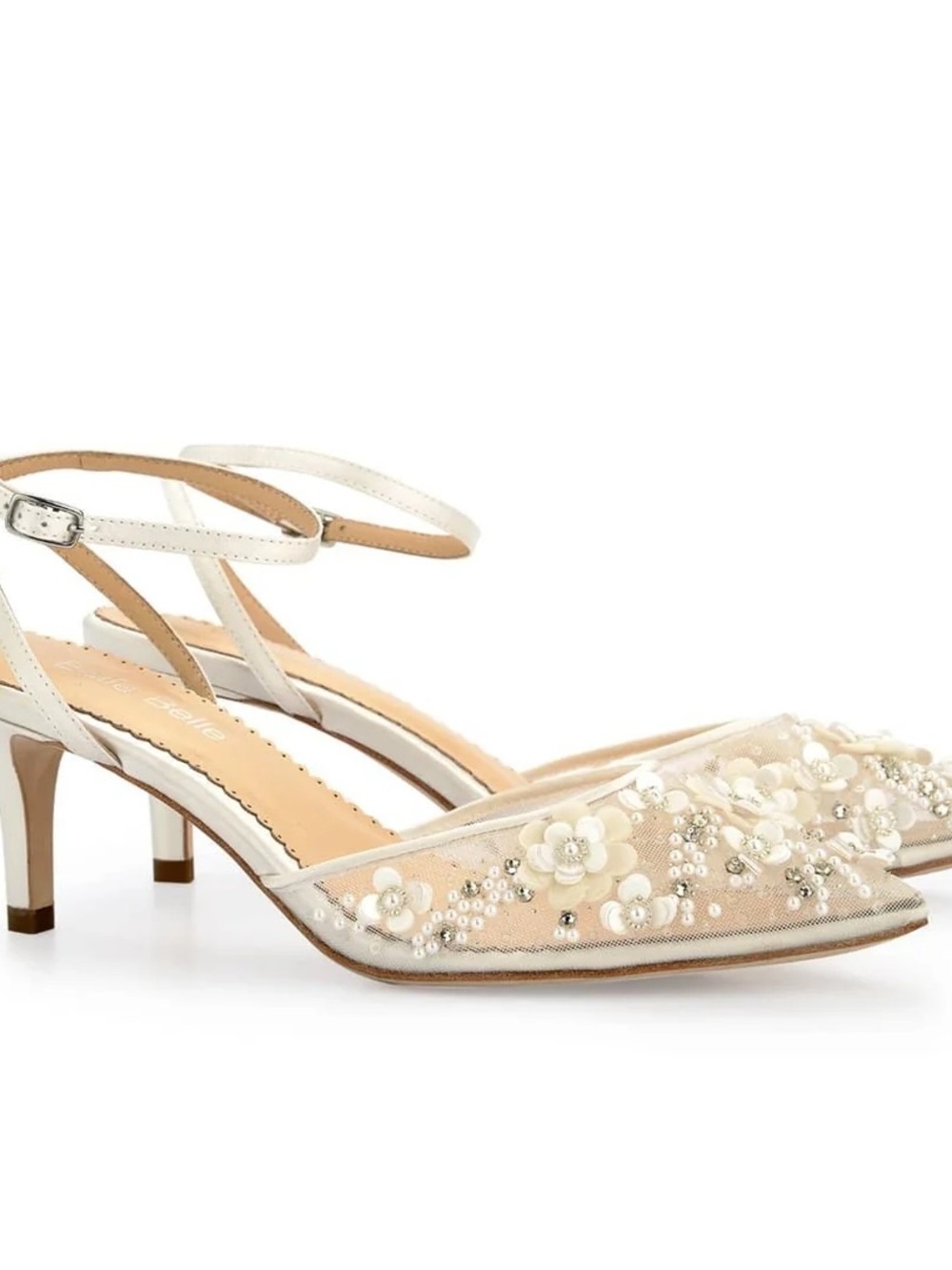 Pearl-Embellished White Floral Mesh Slingback Heels